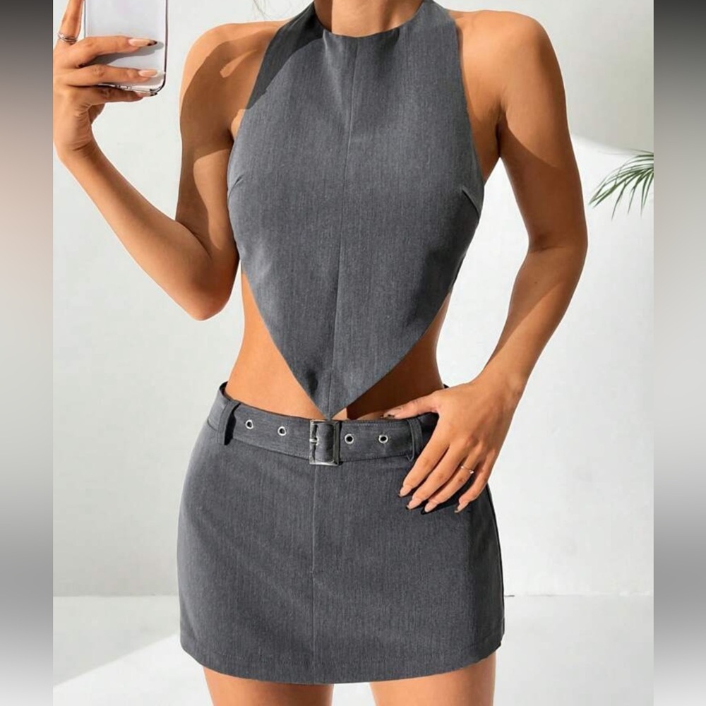 Gray Halter Top and Skirt Set